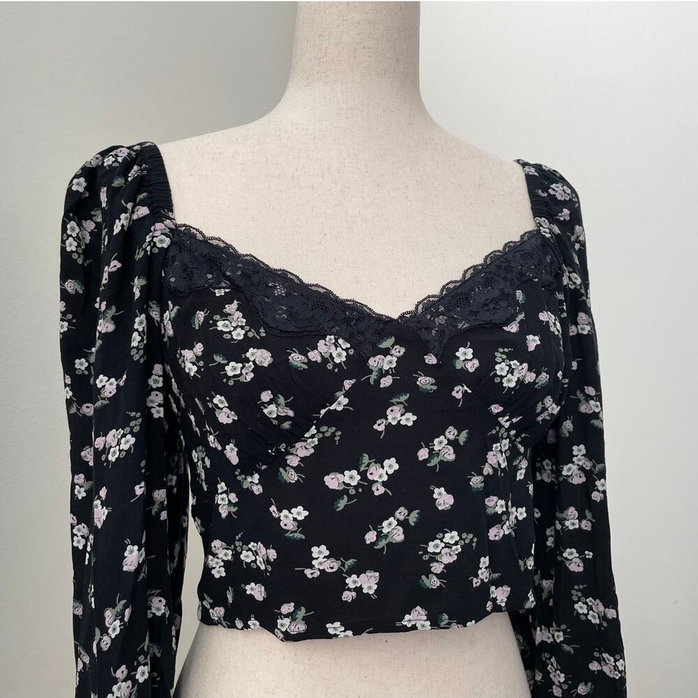 BP Nordstrom Top Womens S Black Floral Lace Trim Cropped Whimsigoth Coquette